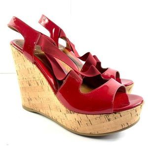 Fendi Women’s Sz EU 38.5 US 8 Red Patent Leather Slingback Wedge Sandals
